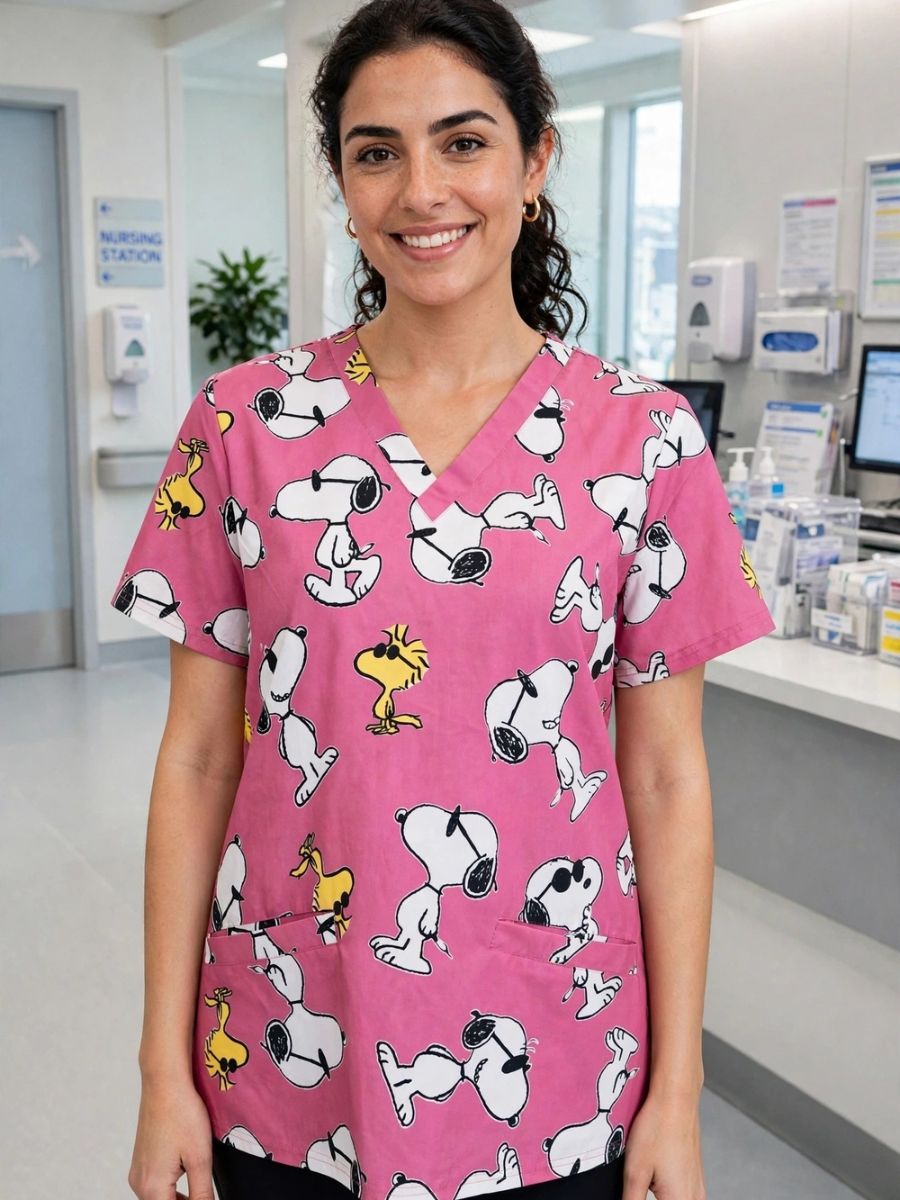 NWOT Pink Snoopy & Woodstock Fun V-Neck Short Sleeve Scrub Top. Ladies XS.